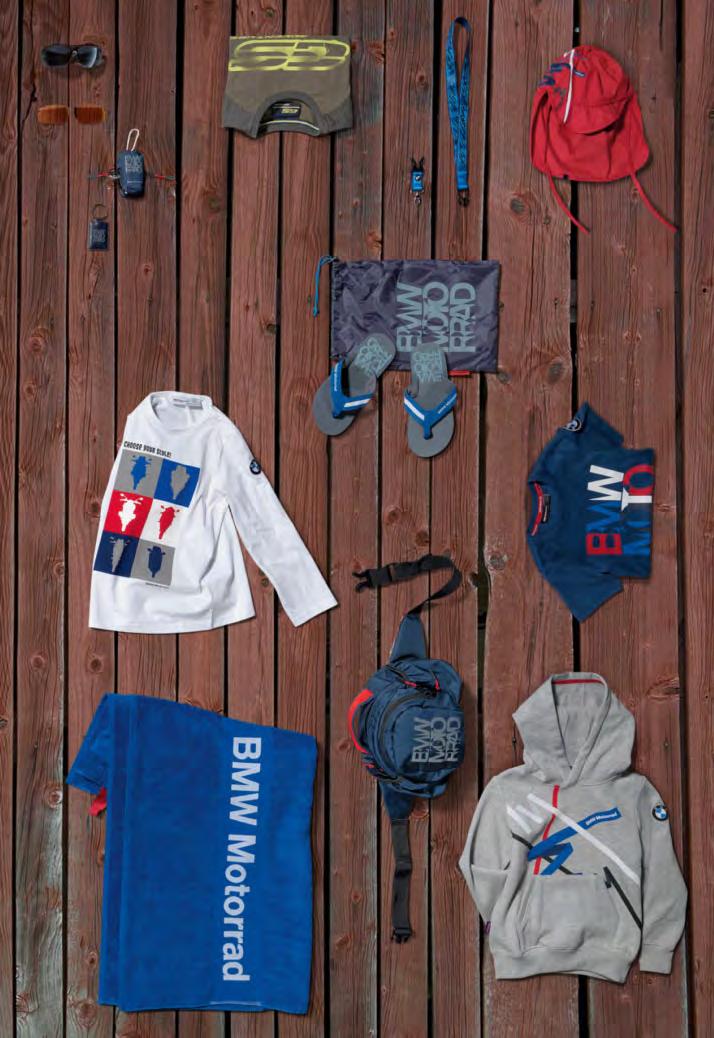 Página derecha, de izquierda a derecha: Estuche para llaves Logo Llavero Logo Camiseta GS unisex Colgador BMW Motorrad Gorra de playa Logo niño Gafas