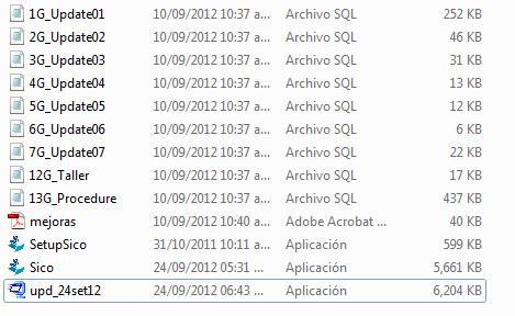 9. Una vez que termine el proceso de extracción en la ruta C: /SICOEXE/Actualización, veremos los siguientes archivos, que son para la actualización del sistema.