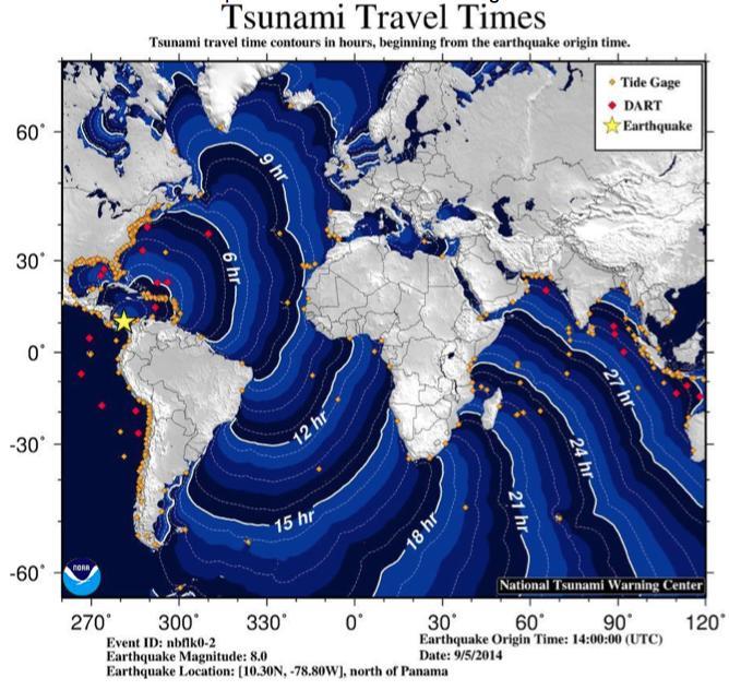 CARIBE WAVE/LANTEX 2015 Figura A: Tiempo de viaje para el escenario de Tsunami en Panamá. Figura B.