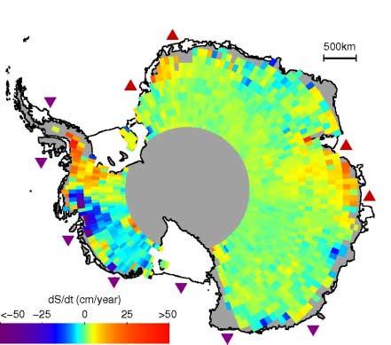 Rates of elevation change (ds/dt) derived from ERS radar-altimeter measurements between 1992 and 2003 over the Antarctic Ice Sheet (Davis et al., 2005).