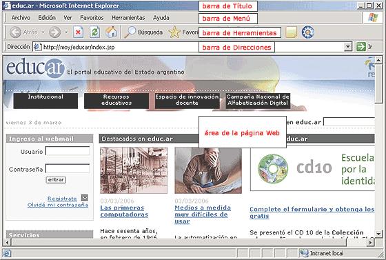 La barra de Título Está en la primera línea de la pantalla, con fondo azul, y en ella aparece el título de la página web seguida por "Microsoft Internet Explorer".