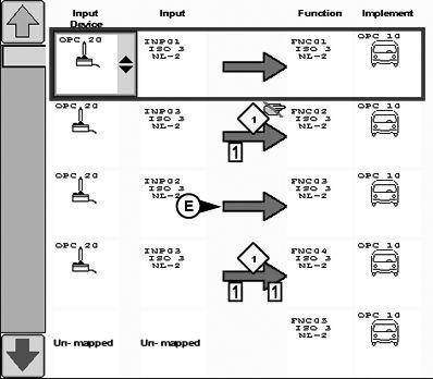 Parámetros avanzados de la pantalla Controles auxiliares Funciones habilitadas: La lista de selección de estado (A) permite al operador habilitar (B) o inhabilitar (C) las funciones de controles