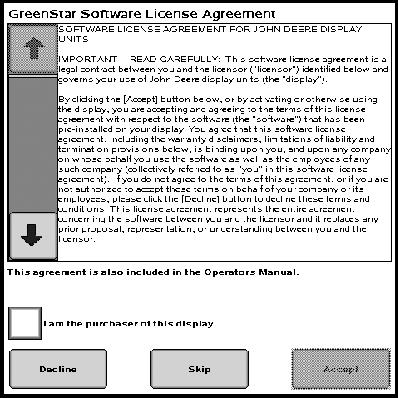 Introducción al sistema GreenStar Contrato de licencia La primera vez que se accede la ficha GreenStar en el menú de la pantalla, se muestra un contrato de licencia.