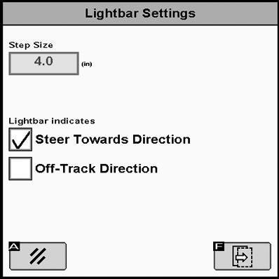 Guiado general Parámetros de barra de luces Tamaño de paso - se usa para ajustar la distancia de error de desviación que representa cada cuadro del indicador de precisión de pasada.