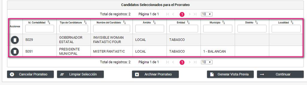 Selecciona los candidatos beneficiados y pulsa el botón Agregar, en automático podrás visualizarlos en el tablero Candidatos Seleccionados para el Prorrateo.