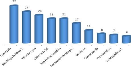 GRAFICA 14 Puebla: Municipios donde se asienta el mayor número de población nacida en otras entidades, 2010 (Porcentaje) Fuente: Elaborado por el Consejo Estatal de Población, (COESPO-Puebla), en