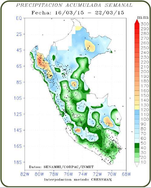Monitoreo de lluvias en la semana del 23 al 29 de marzo del 2015 Mapa de la semana anterior Mapa de la semana actual Mapa 1: Precipitación acumulada del 16 al 22 de marzo de 2015 Entre el 23 y 29 de