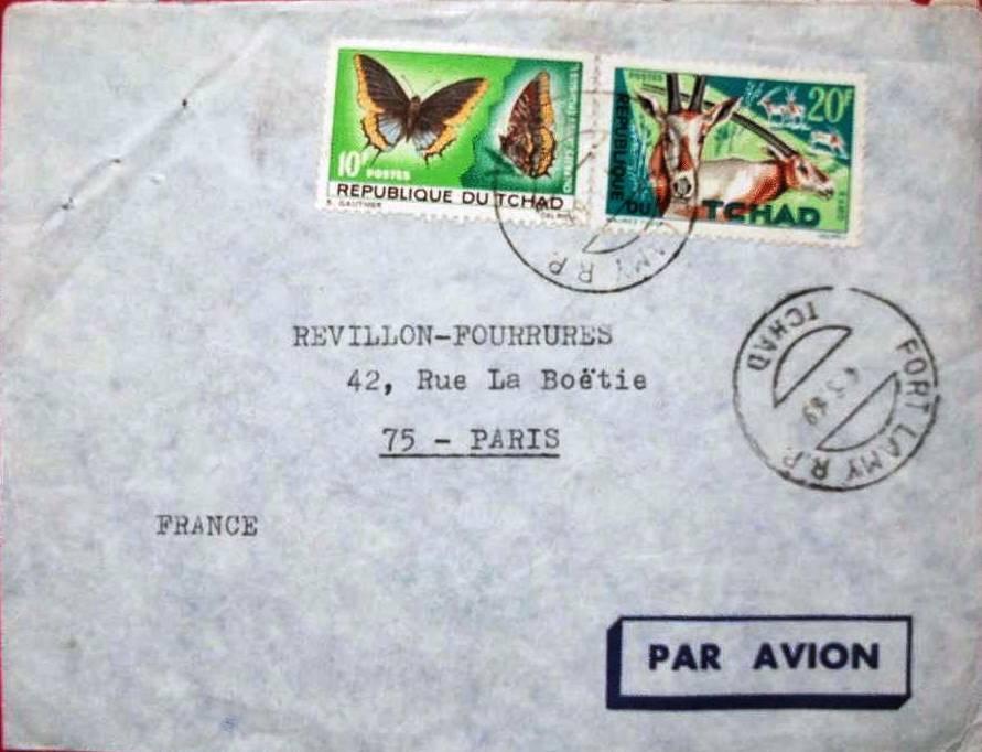 1969 Mayo 6 : Mariposas 1967 (Scott : 139-142), sobre carta de Fort-Lamy a Paris, Francia, con sello