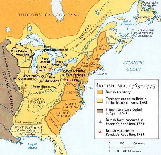 El Tratado de París, 1763 Francia abandona Canadá y cede las tierras al oeste del Mississippi a España y las del este a Inglaterra.