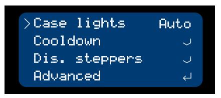 DISPLAY MENÚ PRINCIPAL Case Light : Las luces de la impresora se controlan con la siguiente selección: Auto -Color automática de luz de fondo dependiendo del estado de la impresora.