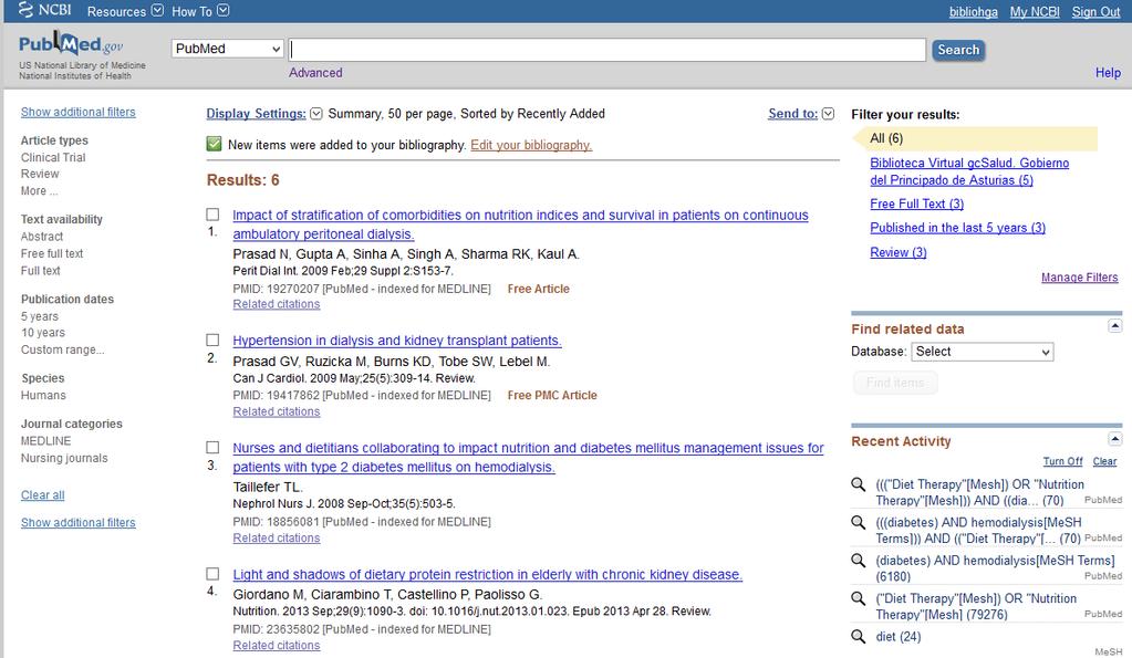 My NCBI Bibliografía Se ha agregado lo items from PubMed. Clique en el botón Save. Tambien puede guardar citas bibliograficas en Other citations.