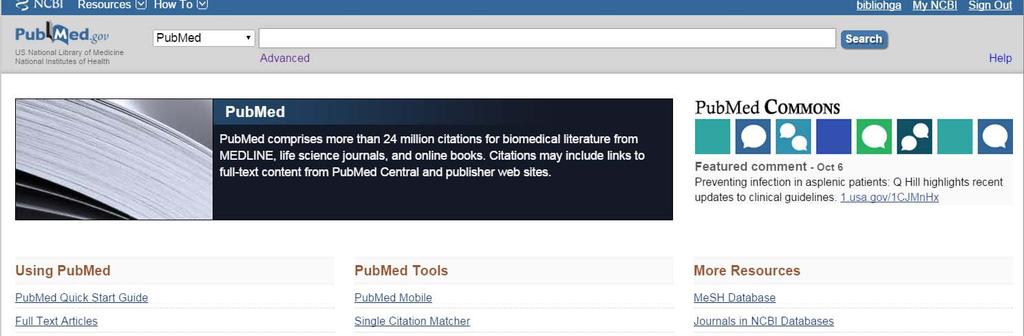 Después de iniciarla sesión en My NCBI, la página de búsqueda en PubMed mostrará su nombre y también