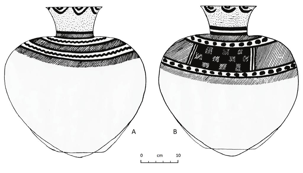Formas reconstruidas de dos tipos de vasijas cerradas (tipos A y B) provenientes de Tambo Viejo.