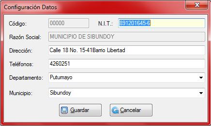 11 DATOS ENTIDAD: En esta opción se presenta una ventana donde se configura el nombre de la entidad a quien se le otorga la licencia de funcionamiento del software