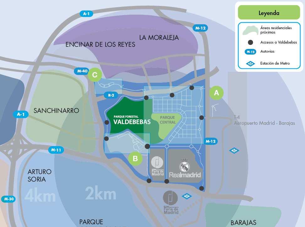 SINGULARIDADES DE VALDEBEBAS: Valdebebas cuenta con un emplazamiento estratégico, rodeado de grandes vías de comunicación como son la M-40, la M-11, la R-2 y la M-12 que une la nueva T-4 del