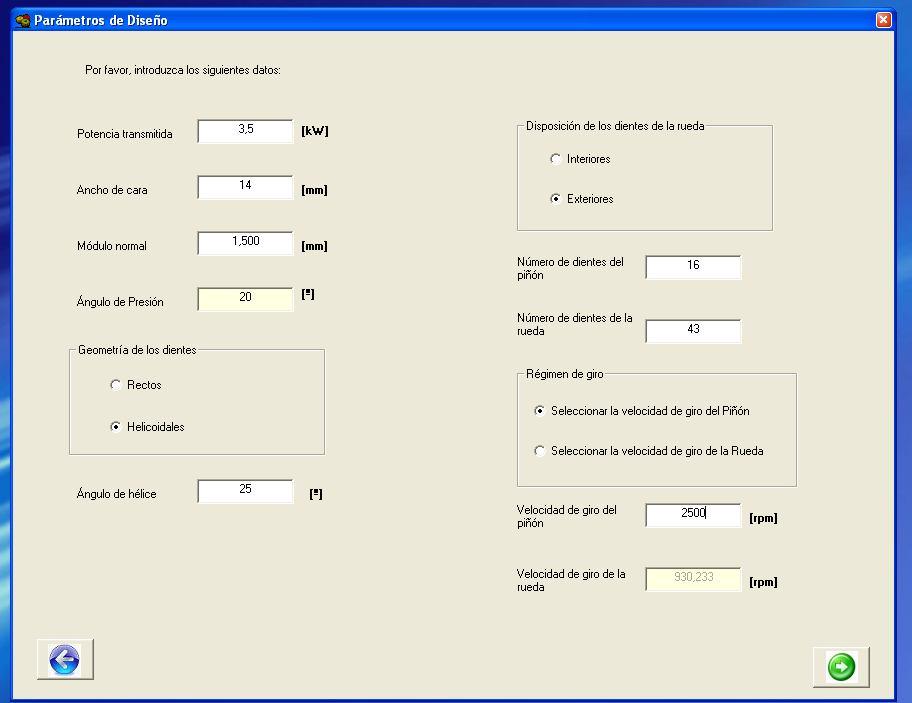 En el formulario se presenta una tabla con los módulos normalizados más comúnmente empleados. El usuario, debe introducir el módulo normal de su pareja de ruedas dentadas.