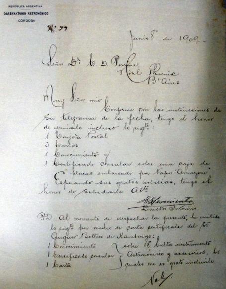 Desplants, Director de la División Administrativa del Ministerio de Justicia e Instrucción Pública, el 27 de enero de 1909, dirigida al Director Interino Eleodoro Sarmiento.