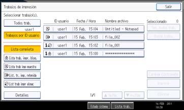 3. Impresión de documentos almacenados 3. Pulse el ID de usuario cuyo archivo desea imprimir. No puede seleccionar varios ID de usuario al mismo tiempo. Pulse [ Re.Pág.] o [ Av.
