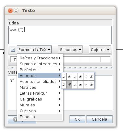 Para nombrar a los vectores, se utiliza la opción Fórmula LaTeX y en su desplegable Acentos se busca el elemento que tiene apariencia de vector. Figura 19.