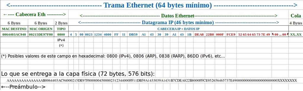 Cabecera y datos capa de enlace (Ethernet) Preámbulo + SFD Dirección destino