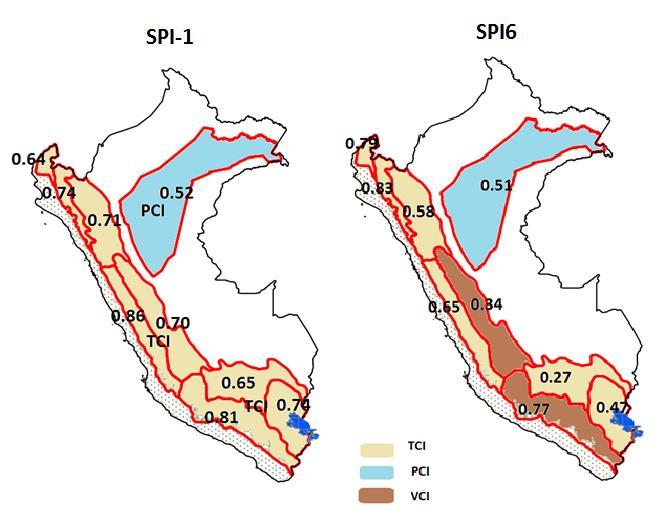 Figura 6: (d) Coeficientes de correlación entre los índices de sequía de sensoramiento remoto y el SPI para el periodo húmedo (diciembre - abril) para SPI - 1 y SPI - 6. 4.