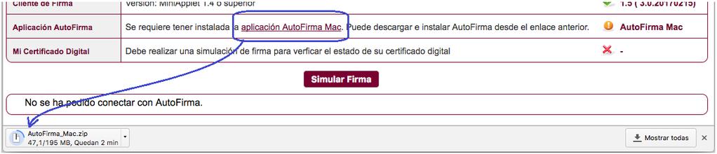 instrucciones de la página de comprobación de requisitos, pinchamos en el enlace aplicación AutoFirma Mac, para