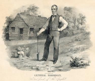 Campaña de elección a la presidencia de William Henry Harrison Los Whigs utilizaron caricaturas y una campaña representando a Harrison ( un héroe de guerra rico de clase adinerada de Virginia) como