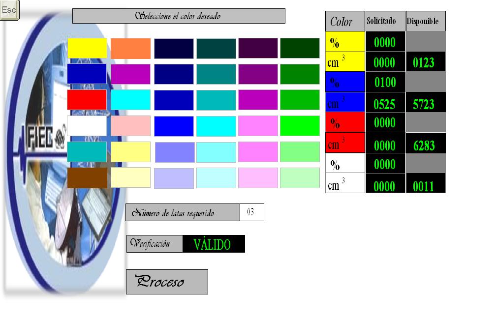 SELECCIÓN DE COLOR En esta pantalla se elige un numero de latas de pedido, que debe ir entre 3 y 10 latas, y un color, y sí no existe el color deseado dentro de la gama de colores mostrados, se puede