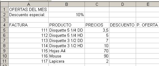 11. Colocar en D5 una fórmula para calcular el DESCUENTO que se realiza (Precio * Porcentaje de descuento). 12. Copiar la fórmula al resto de los productos.