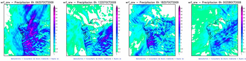 Posteriormente, las lluvias seguirían más o menos la misma distribución, con un nuevo máximo alcanzado durante la tarde en las mismas zonas (imagen nº7-c). Imagen nº7-c.