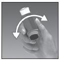 4. Sujetar el inhalador verticalmente entre los dedos índice y pulgar, colocando el