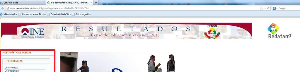 bo, dentro de la pagina la opción BASE DE DATOS "CENSO DE POBLACIÓN Y VIVIENDA 2012", llevará