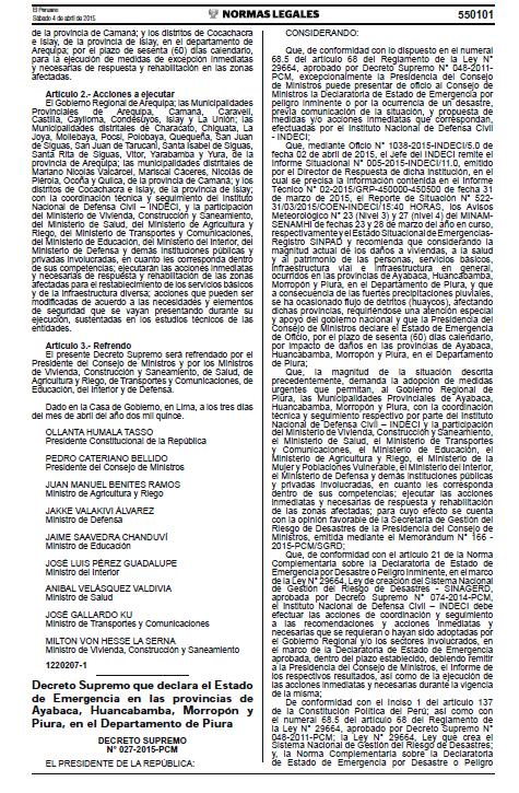 ANEXO 01 Declaratoria de Estado de Emergencia (D.S. N 027 2015 - PCM).