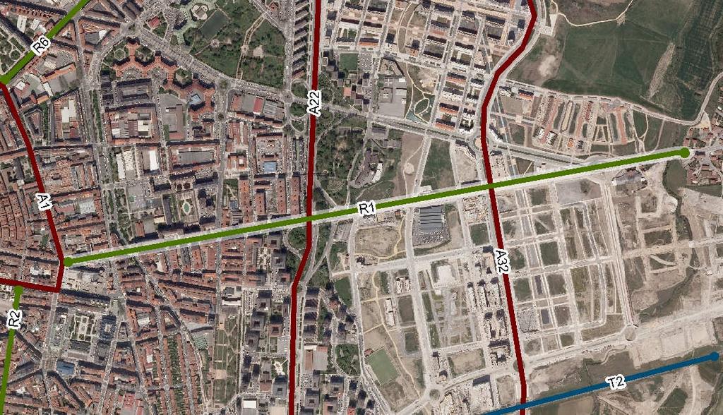 R1 Avda Santiago-Elorriaga El eje de comunicación ciclista de la periferia con el centro por el Este se plantea a lo largo de la Avenida de Santiago y Portal de Elorriaga.