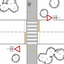 Cruces senda peatonal / ciclista sobre lomo y regulación semaforizada En caso de que no convenga implantar pasos sobreelevados ( lomos ) en la calzada debido a la frecuencia de vehículos pesados o el