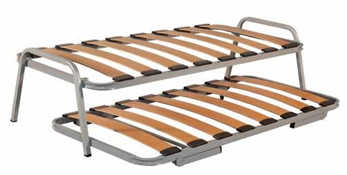 38 mm wood laminated slats with fixed rubber joints. Curved or straight feet in upper bedspring at 40 cm high. Lower bedspring with automatic opening mechanism.