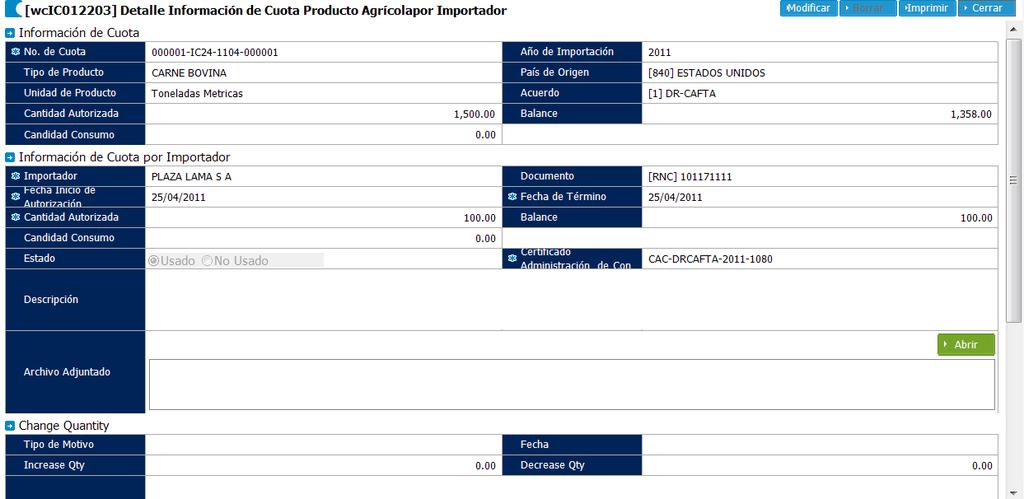 2. Registrar Cuota Producto Agrícola por Importador Usuario: Organismo Externo En esta pantalla el Organismo Externo (OTCA) puede