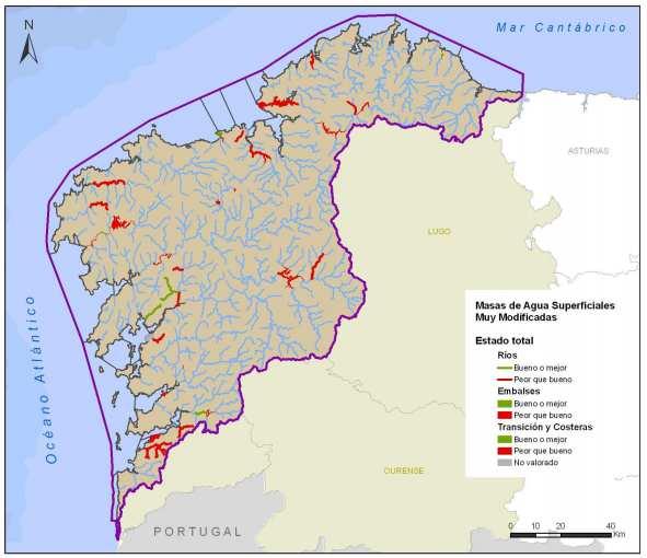 Figura 16 Situación del estado de las masas de agua superficiales naturales en la Demarcación Hidrográfica de Galicia-Costa.