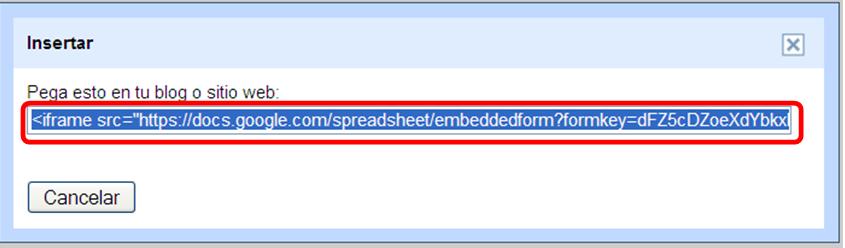 ..</iframe> Ilustración 52 Código HTML El código se lo puede copiar y pegar en un blog o sitio web. Código HTML para el blog: <iframe src="https://docs.google.com/spreadsheet/embeddedform?