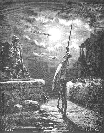 PRIMERA SALIDA (1605) Don Quijote prepara unas armas viejas y estropeadas que han pertenecido a sus bisabuelos, se disfraza con ellas y sale por los caminos de La Mancha con el propósito de impartir