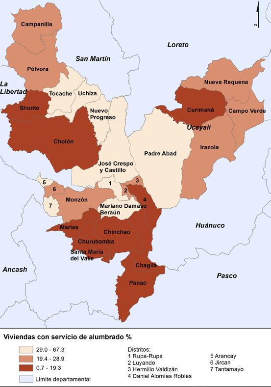 Mapa 20. Cobertura de alumbrado Los distritos con mayor cobertura de alumbrado eléctrico son Tocache, Uchiza, Nuevo Progreso, Arancay, Rupa-Rupa y Padre Abad.