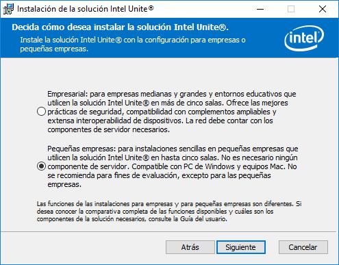 4. Se abrirá la ventana Decida cómo desea instalar la solución Intel Unite.