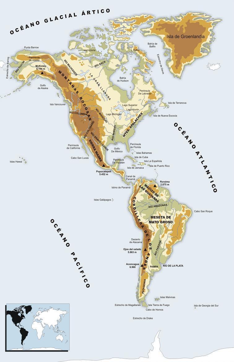 AMÉRICA CARACTERÍSTICAS FÍSICAS DEL CONTINENTE Está rodeado por los océanos Atlántico (este), Pacífico (oeste) y Glacial