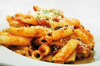 Penne alla Putanesca topped with a fresh tomato sauce, anchovies, black olives and baby capers.