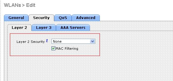 Bajo las políticas de seguridad > Seguridad de la capa 2, marque la casilla de verificación de filtración MAC.Esto habilita la autenticación de MAC para la red inalámbrica (WLAN).