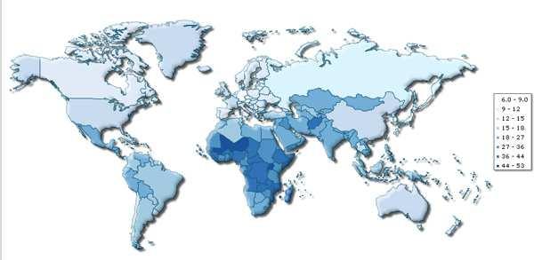 Mapa de la distribución de las tasas de natalidad a nivel mundial Reelaborado a partir del mapa alojado en index mundi Pregunta de