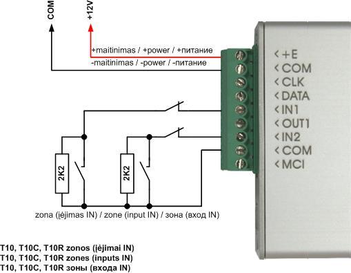 Conexión del transmisor T10, T10C, T10R (T10U, T10UC, T10UR) al panel de control.