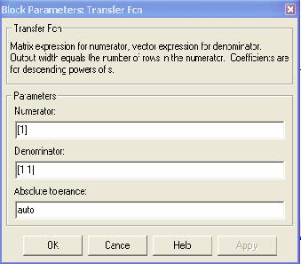 La Figura 5 muestra la ventana de especificaciones para las funciones de transferencia en la forma de numerador/denominador Figura 5 Especificaciones del bloque Transfer Fcn En la Figura 5, se