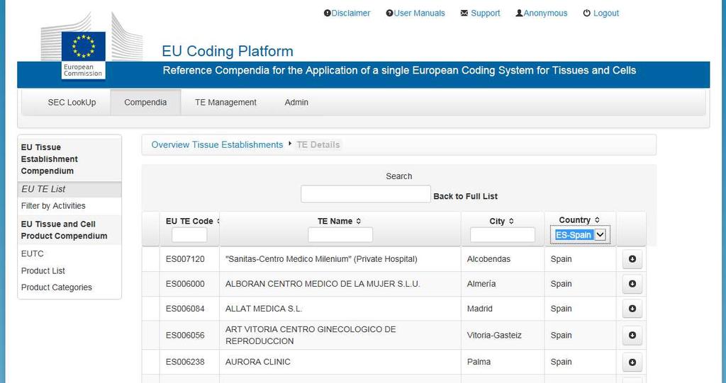 EU Coding Platform Compendio de Establecimientos de Tejidos de la UE Actualmente hay registrados