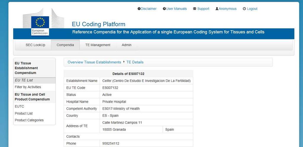 EU Coding Platform Compendio de Establecimientos